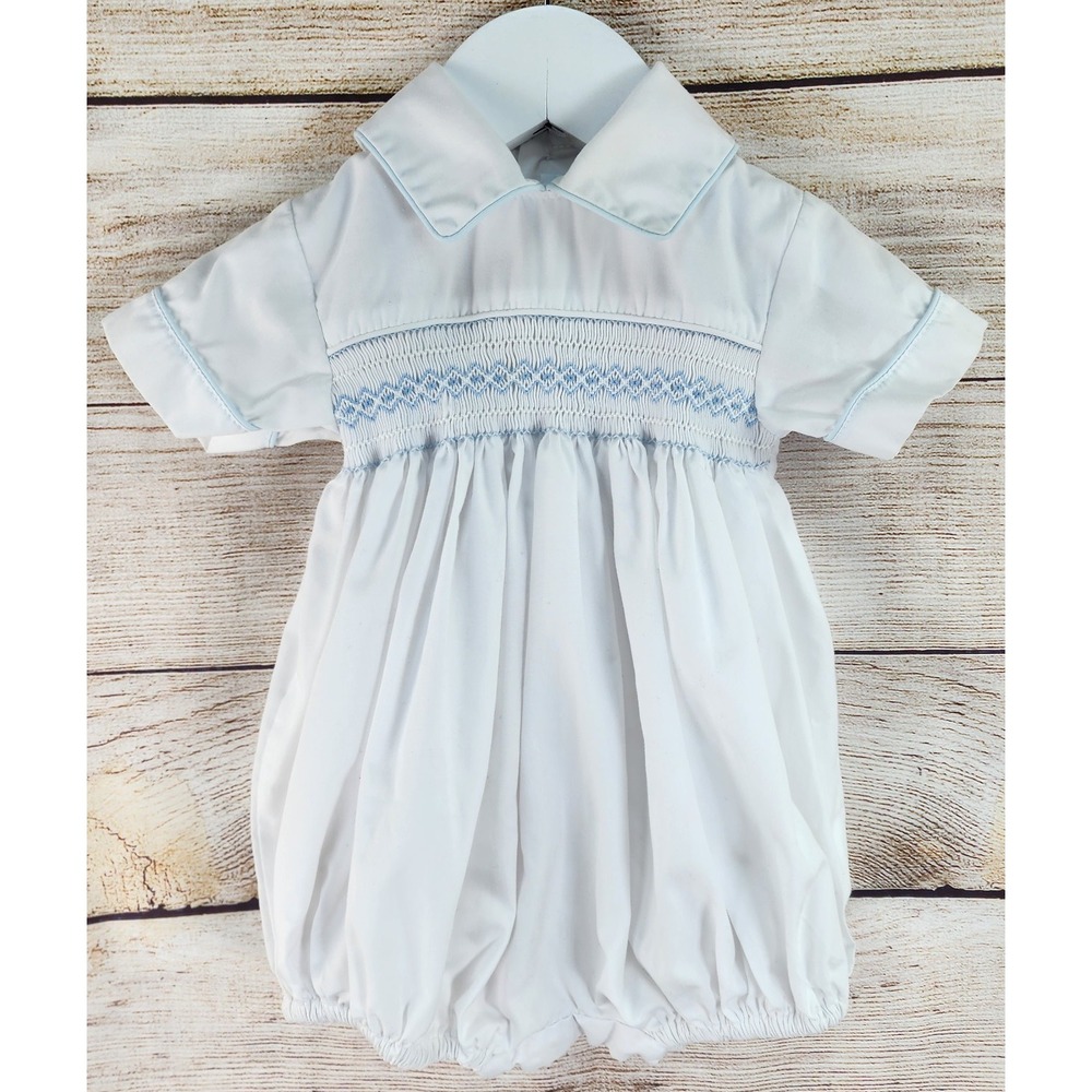 House Of Hatten Smocked Romper Baby 3M White Blue Embroidered Wedding Baptism